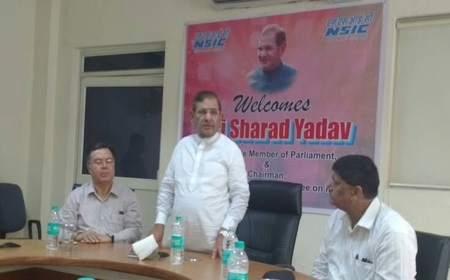 Sh. Sharad Yadav, Hon’ble Member of Parliament and the Chairman, Parliament Standing Committee on Industry was welcomed by Sh. Ravindra Nath, CMD, NSIC during his visit to NSIC’s Technical Service Centre and its Technology Incubation Centre on 31/5/2017. Sh. Yadav was briefed by CMD, NSIC about various activities of NSIC for the promotion and development of MSMEs in India and abroad. He was also taken around NSIC’s facilities. He was quite impressed with NSIC’s Rapid Incubation Centre where he could see appropriate technologies for creating entrepreneurs. He also appreciated the kind of training being provided to youth which included from basic skills to advanced skill sets. A demonstration of Robotics and 3D modeling was also given to him.
<br/>
Later Sh. Sharad Yadav, distributed certificates to the trainees who completed their training in NSIC’s Technical Service Centre at Okhla. He also interacted with NSIC’s senior officials and applauded NSIC’s services which, he said, are the need of the hour.
<br/>
<a target="_blank"  href="https://www.facebook.com/NSICLTD/photos/pcb.1444891942215481/1444890725548936/?type=3&theater"><font color="#FF6600"><p align="right">Click here to view  more images.</p></font></a> 
<p align="right">
<font color="#A9A9A9" align="right">May 31, 2017 </font></p>