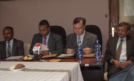 A two member delegation from NSIC led by Director (Finance) visited Ethiopia from 06.09.2012 to 08.09.2012 to (i) sign the country agreement with the Recipient Institution of the country and (ii) inspect the readiness of Infrastructure in respect of establishment of Incubator under  IAFS-I. 
The signatories were Mr. Ravindra Nath, Director (Finance), NSIC and Mr. Gebremeskel Challa, Director General, Federal Micro and Small Enterprises Development Agency (FeMSEDA), Ethiopia respectively. The Mr. Bhagwant Singh Bishnoi, Ambassador of India and  Mr. Desalegne Ambaw, the State Minister of Urban Development and Construction along with  all Directors of FeMSEDA were present to witness the signing occasion. 
