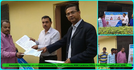 NSIC Branch Office Lucknow conducted a Campaign for promoting cashless transactions at their office on 21.12.2016 at Lucknow amongst employees of their office and other nearby office employees situated in their premises. The motive was to create interest for issuance of Debit Cards and using digital modes in day to day activities amongst individuals. <a target="_blank" href="https://www.facebook.com/NSICLTD/photos/pcb.1301067326597944/1301066986597978/?type=3&theater" ><font color="#FF6600">Click here to view more images.</font></a>
