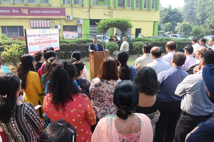 Shri Sudhir Garg, CMD, NSIC alongwith all the officers and employees of the corporation administered "Integrity Pledge for Citizens" and "Integrity Pledge for Organisations" today on the occasion of "Vigilance Awareness Week" being observed in NSIC from 29th Oct 2018 to 3rd Nov, 2018. This year the theme of observing vigilance awareness week is 'Eradicating Corruption -Build a New India'.  During the week, various activities like display of banners, deliverance of lectures, workshops , essay writing, the creation of hyperlink for integrity pledges on corporation’s website etc, installation of Suggestion Box, schedule of preventive vigilance inspection across the country are being undertaken.