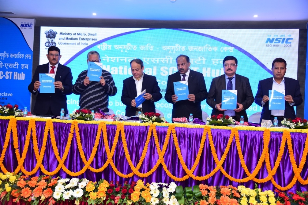 The National Small Industries Corporation Ltd.-NSIC organised a National SC ST Hub conclave at Guwahati. Shri Ravi Capoor, IAS Additional Chief Secretary, Industries & commerce Department, Govt. of Assam, Shri Prafulla Kumar Hazoary, ACS Comissioner & Secretary, Welfare of plain Tribes & Backward Classes, Govt. of Assam, Shri Ashwini Nagia, Executive Director (Material Management), ONGC, New Delhi. Shri Prabitra Buragohain, President FINER, Guwahati, Assam, Shri. J. K. Mahanta, Chief General Manager, NSIC Ltd, Guwahati, Dr. Pralay Dey, Chief General Manager, NSIC, New Delhi were the dignitaries.