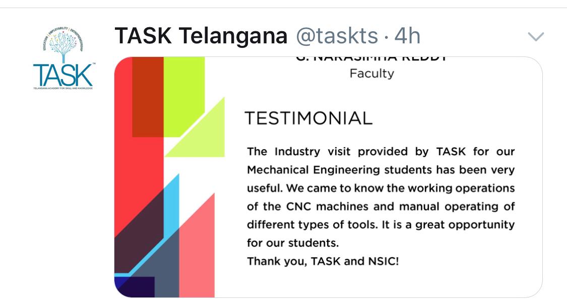 NTSC Hyderabad, provided Industrial visit to Engineering students Sponsored by TASK and was applauded about the offerings of NTSC Hyderabad for the Youth in the country. 