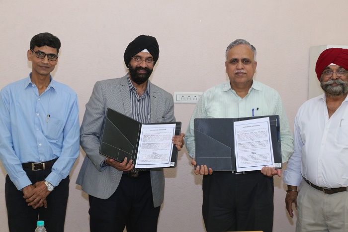 NSIC Technical Services Centre, New Delhi & Thapar Institute of Engineering & Technology, Patiala, Punjab signed an MoU to synergize the resources by imparting training during internship to the students of Thapar Institute on the technologies placed in Advance Training Centre in NSIC Technical Services Centre, Okhla.  Mr. Satvinder Singh, Chief General Manager, NSIC & Prof. Prakash Gopalan, Registrar, Thapar Institute signed and exchanged MOU on 24th May, 2018 in the presence of Mr. Om Prakash Singh, DGM from NSIC & Mr. Charanjiv Singh, Mr. Karminder Jit Singh and other officials from Thapar Institute.  This initiative would help Thapar institute students to enhance their knowledge by getting hands on training on latest technologies under the guidance of qualified and experienced faculties of NSIC Technical Service Centre at Okhla. 