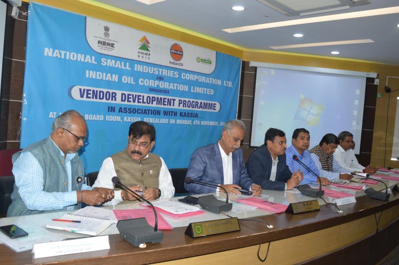 National Small Industries Corporation Ltd.,  (NSIC) and  Indian Oil Corporation Ltd., (IOCL)  organized a Vendor Development Programme in partnership with Karnataka Small Scale Industries  Association (KASSIA) on 4TH November 2019, for the benefit  of MSE suppliers in Karnataka.  The meet was aimed at promoting vendor development among the micro & small enterprises by the IOCL in meeting its procurement requirements. Sri P. Ravikumar, Chief General Manager, NSIC inaugurating the vendor development meet emphasized that the meet was specially organized to benefit MSE suppliers with respect to opportunities with IOCL, which is a large procurer of supplies from the sector. Sri R. Raju, President, KASSIA welcomed the gathering and presided over the meeting. A detailed  presentation was made on the supply opportunities in IOCL for the MSEs. He said Kassia  was particularly happy that a large corporation like the IOCL was present here as an important part of the VDP.  Being a major buyer in the public sector, their presence and encouragement and interaction with MSEs present here will be of great benefit to the participants. Sri R. Sundareswaran, General Manager, (Contract Cell) IOCL particularly explained the  e-tendering process and the details of how SMEs can utilize the opportunities to supply to IOCL.   He particularly mentioned  that they would prefer MSE suppliers  registered with NSIC for making such supplies considering the duly diligence process involved in the registration of suppliers with IOCL. Kassia Office Bearers, Sri K.R. Karunakaran, DGM, IOCL,  Sri S. Rajamoni, NSSHO, NSIC      Sri M. Sreevatsan, DGM, NSIC and other Senior Officers participated in the programme. A large number of Kassia Members and MSEs participated in the vendor development meet.
