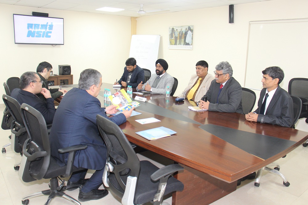 Sh. A.K. Mittal, Director (Finance), NSIC welcomed  high level delegation led by Mr. Ibrokhim Aburakhmonov, Minister of Innovative Development of Uzbekistan and accompanied by Mr. S. Khoddjaev, Dy. Minister of Agriculture and Mr. A Mansurov, 1st Secretary, Embassy of Uzbekistan in India who visited NSIC to explore the possibilities of cooperation in MSME sector. The delegation was briefed by Sh. Mittal about various activities of NSIC for promotion and development of MSMEs in India and abroad. The delegation was also taken around NSIC’s Rapid Incubation Centre for self employment opportunities and Advanced Training Centre for skill upgradation. Hon’ble Minister of Innovation, Government of Uzbekistan appreciated NSIC’s facilities for MSMEs and discussed various options of cooperation through NSIC for development of such centres in Uzbekistan. Sh. Satvinder Singh, CGM (Tech.) and Sh. Sunil Tyagi, G.M. (Intl. Coop.), NSIC were also present.