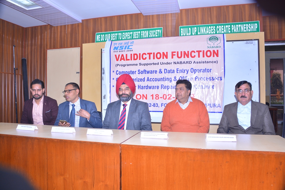 
 NSIC Technical Services Centre ,Rajpura organized inaugural function for start of skill training on combine harvester operator with financial assistance from NABARD . Under the programme skill training shall be imparted to 30 nos of beneficiaries on combined harvester operation and maintenance.
Present on the occasion Shri J P S Bindra ,Chief General Manager ,NABARD shared the need for skill training to rural unemployed youth specially women for rural development.Shri Bindra also shared that many more such programme shall be conducted in association with NSIC Technical Services ,Centre,Rajpura in up comming financial year. 
Present on the occasion ,Shri Deepak Shrivastava ,President ,Micro small medium industries association,Rajpura shared the skill manpower requirement of MSME's of the region and shared that during the training course students of the Centre to be sent to various MSME's of Rajpura for imparting more practical training to make them more employable for which association will provide all required support to Centre.
Valediction function also organized for 75 nos of pass out trainees for various skill training courses under financial assistance from NABARD.
Shri Ram Kumar Yadav ,DGM and Centre Head shared about NSIC Schemes and various skill training courses undertaken at the Centre for the support of MSME's.


