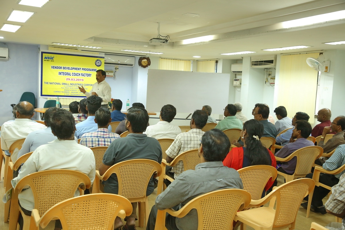 NSIC (Chennai) organises VDP in association with Indian Railways on 29th March 2019. Shri T.Venkateswaran ,Zonal Head, NSIC ( South - 3) highlighted the benefits of NSIC schemes to the participants. 29 MSMEs participated in this program and showed keen interest in NSIC single point registration scheme. The Indian Railways was represented by Shri Charles Christopher, ICF (Chennai).