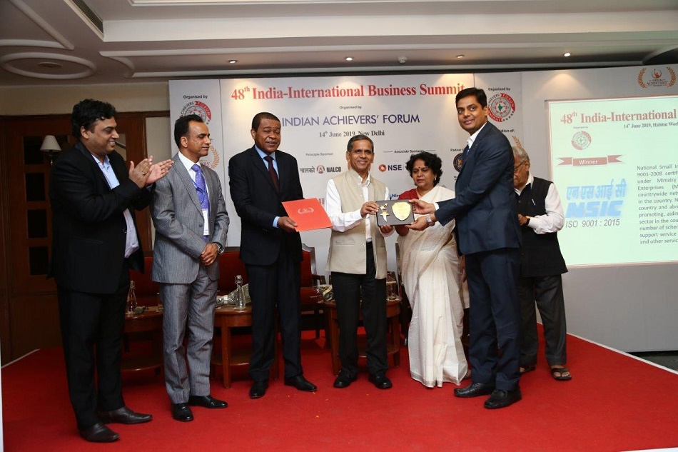 48th India-International Business Summit, organized by Indian Achievers Forum on June 14 at New Delhi was attended by NSIC along with policy makers, academia, entrepreneurs, bankers and industry leaders.

NSIC was awarded as “Best MSME Facilitation Partner” for Outstanding Professional Achievement and Inspiring Social Contributions by Ram Mohan Mishra, Additional Secretary & Development Commissioner, MSME & H.E. Desire Koumba, Ambassador of Gabon at 48th India-International Business Summit on 14 June, 2019 at New Delhi. 
Award was received by Sh. Vidya Sagar Singh, GM-BD on behalf of the Corporation.

On the occasion, the Union minister of state for MSME, animal husbandry, dairying and fisheries, Pratap Chandra Sarangi felicitated several achievers in various fields of life and corporate social responsibility.

Earlier, the inauguration session was addressed by several dignitaries including former Union Minister KV Thomas, H.E. Yogesh Punja, High Commissioner of Fiji, Prof. Ashutosh Sharma, Secretary, Ministry of Science and Technology, SN Tripathi, Secretary, Ministry of Parliamentary Affairs and Ramanan Ramanathan, Mission Director – Atal Innovation Mission, NITI Aayog.

The daylong Summit witnessed two panel discussions. The first one was on the topic - ‘Leadership and Professionalism in MSMEs’. The session was moderated by S Ravishankar, Secretary, Indian Achievers Forum. The panelists in the session were: Pradeep Sharma, AGM, SBI, Vidya Sagar Singh, GM- NSIC, Ashutosh Rath, Head-Corp Comm, NALCO, Gaurav Kapoor, Regional Head – North, NSE and Anshul Garg, MD – Mohan-Electro Casting Pvt Ltd.

The topic of second panel discussion was ‘Emerging global business opportunities for Indian Businesses’.

The valedictory session was addressed by H.E. Desire Koumba, Ambassador of Gabon, H.E. Archil Dzuliashvili, Ambassador of Georgia, Ram Mohan Mishra, Additional Secretary & Development Commissioner, MSME and Stuti Kacker, former chairperson NCPCR.

Over 200 delegates across the country from several fields of work participated in the event.
