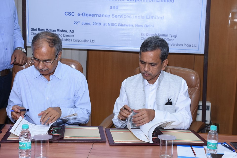 The National Small Industries Corporation Ltd.-NSIC signs MoU with Common Services Centers (CSC) e-Governance Services India for enhancing new offerings for the MSME sector by synergizing  each others competence.
The MoU was signed by Shri. Ram Mohan Mishra, AS&DC(MSME) and CMD, NSIC and  by  Dr. Dinesh Kumar Tyagi, CEO, CSC e-Governance Services India Limited on 22nd June 2019 at New Delhi.
Speaking on the occasion , Shri. Ram Mohan Mishra  stated that this MoU will have special focus on providing services to village level entrepreneurs (VLEs) and would to lead to exponential growth of Village Entrepreneurs in the country. The MoU will also enable CSCs to utilize plethora of NSIC offerings through the NSIC portal www.msmemart.com. 

Dr. Dinesh Kumar Tyagi said that CSC will facilitate VLEs and MSMEs through digital empowerment in accessing NSIC integrated support services encompassing Marketing, Finance, Technology and other offerings.
