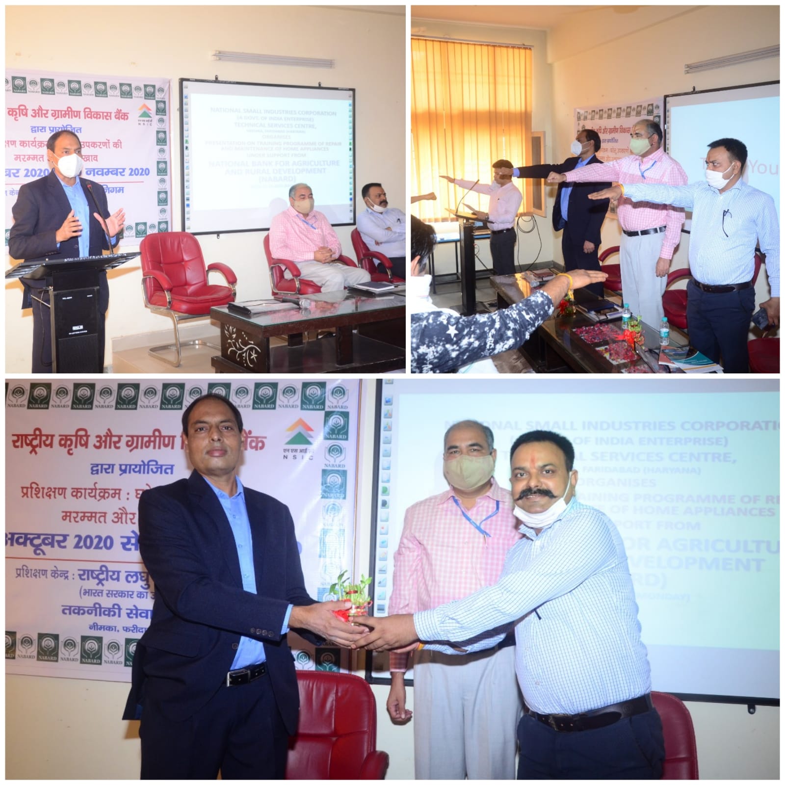 NTSC (Neemka) in association with NABARD has commenced on 12th October, 2020, 50 Days skill training programme on repair and maintenance of Home Appliances for 30 nos. of beneficiaries. On the occasion, Shri Ram Kumar Yadav, Centre Head, NTSC (Neemka) Shri Vinay Kumar Tripathi, AGM (DDM), NABARD and Shri Dr. Alabhya Mishra (LDM), Canara Bank were present during the inaugural session. During the programme, all the participants also took pledge to acquire the skill training in compliance with COVID-19 Pandemic guidelines.