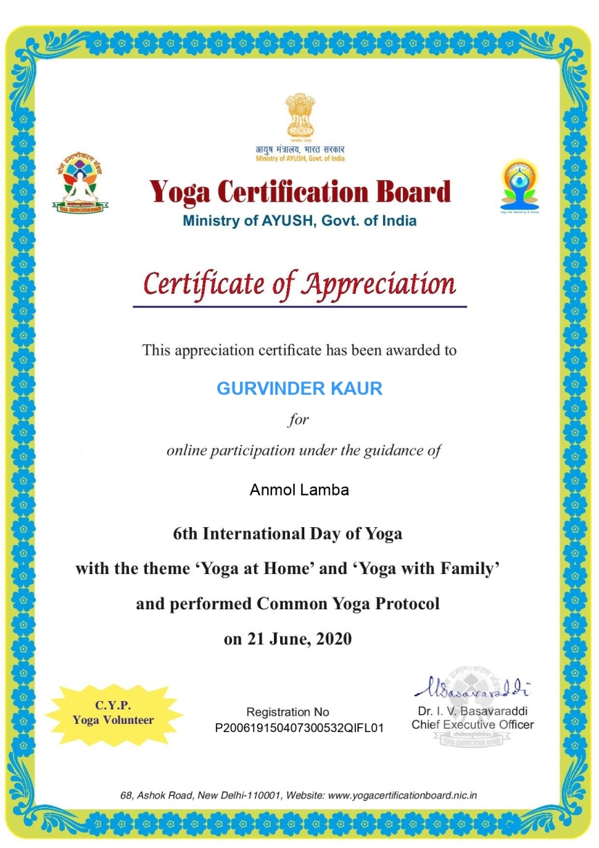 Smt. Gurvinder Kaur, Development Officer, NSIC awarded with the Certificate of Appreciation from Yoga Certificate Board, Ministry of Ayush, GoI for online participation on  the occasion of 6th International Day of Yoga (21 June 2020 ) with the theme “ Yoga with Family” and performing  yoga as per the common yoga protocol.