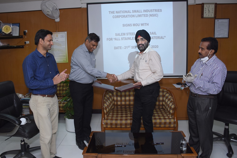 In the presence of Shri P. Udayakumar, Director (Planning & Marketing) NSIC, an MoU was signed on 21.09.20 between Shri Paramjeet Singh, General Manager- SG (BD), NSIC and Shri Sunil Kumar Murathia, Regional Manager – Mktg. , Salem Steel Plant - Steel Authority Of India Limited (SSP-SAIL)  for supply of “ All Stainless Steel from Salem Steel Plant” Raw material to MSMEs through NSIC on PAN India basis. Shri Vikas Sharma, Manager BD, NSIC was also present during the signing of MoU.