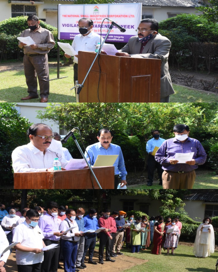 Shri P.Udayakumar, Director(P&M) and Shri Gaurang Dixit, Director (Finance)  administered the Integrity Pledge for Organisations and Citizens  on the occasion of Vigilance Awareness week.  Also present on this occasion was Shri A.K.Mishra,  CVO, NSIC along with NSIC employees. This awareness week campaign affirms our commitment to promotion of integrity and probity in public life through citizen participation. All employees have been advised to strictly adhere to extant Covid-19 prevention guidelines and focus on internal (housekeeping) activities which are to be taken up in campaign mode as part of the Vigilance Awareness Week this year. NSIC observes the Vigilance Awareness Week from 26th October to 01 November, 2021.  