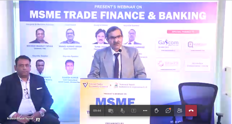 NSIC (Mumbai) participates in a webinar organized by Vibrant India Economic Council on 10th December, 2021 titled MSME Trade Finance & Banking. Delivering the keynote address Shri Manoj Kumar Singh, Zonal Head (Mumbai), highlighted the benefits of NSIC schemes and encouraged the participants to come forward and avail the benefits of NSIC Schemes. The program was coordinated by Shri Mahendra Malvia, Deputy Manager, NSIC.