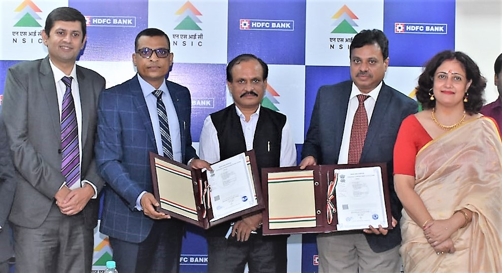 NSIC  has signed MoU with HDFC Bank for facilitating credit to MSMEs under its Bank Credit Facilitation Scheme.  This MoU aims at a collaborative approach to enhance growth of Micro, Small and Medium enterprises in the country through convergence of the institutional lending & on going development initiative . This partnership will give both parties an opportunity to work together and leverage their respective strengths in a mutually beneficial manner. The MoU was signed by Sh. Akhil kumar Roy, National Head of Sales excellence and Transformation ,HDFC Bank  & Sh. P.R.Kumar , Chief General Manager in the presence of Sh. G. Dixit ,Director (Finance) NSIC .Also present on the occasion was Ms Himani Shali, Chief Manager(Bank Tie Up)NSIC .