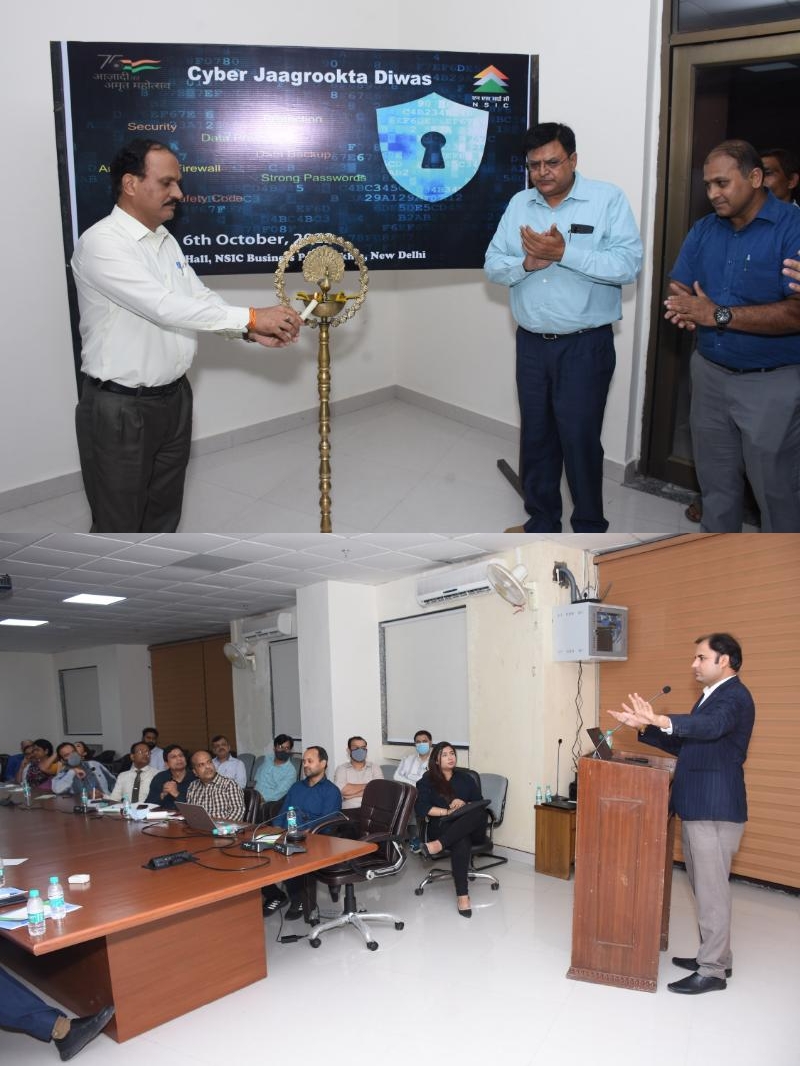 In order to prevent cyber-crimes and to generate sustained awareness on Cyber Hygiene, a session on Cyber Security and Awareness was conducted by NSIC IT section to observe Cyber Jaagrookta (Awareness) Diwas on 06 Oct 2022. Shri Gaurang Dixit, CMD, NSIC inaugurated the program and advised the employees to be vigilant and educate themselves in order to escape from any cybercrimes.  Shri Vidya Sagar Singh, GM-SG (Training) and Shri Sandeep Mohan, GM (IT) also emphasized on the importance of awareness on Cyber Security and shared their insights about the program. The session was led by Shri Mukesh Choudhary who is founder of CyberVeer Foundation, a not-for-profit organization working on a mission to sensitize Indian citizens against cybercrimes. Also present on this occasion were Shri Naveen Chopra, CGM (SG), NSIC, Shri Vaibhav Pathak, Manager(Training), NSIC and Ms. Hina Sharma, AM (Training), NSIC. The session was conducted on Hybrid (Online and Offline) mode for all the employees PAN India.