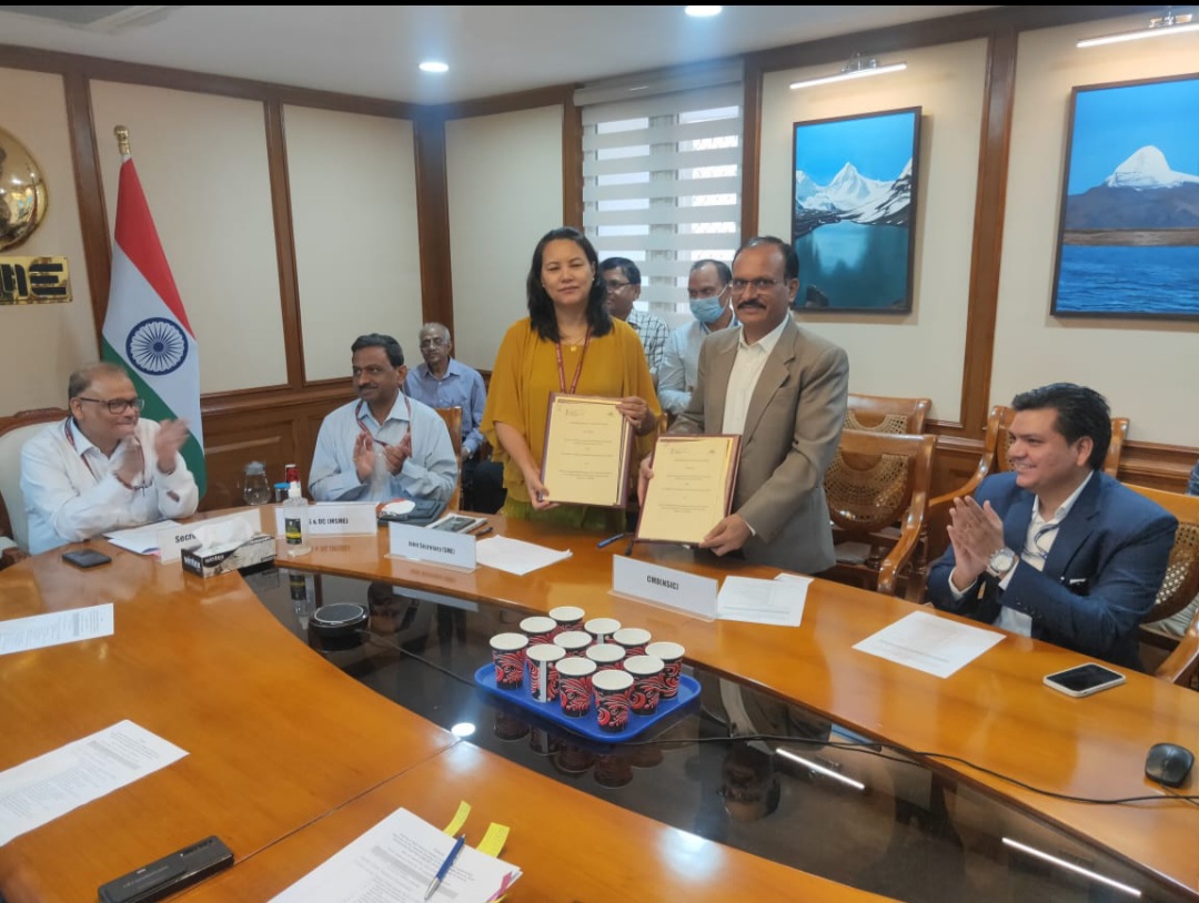 An MoU was exchanged between the Ministry of MSME and NSIC for NSIC being the Implementing Agency for operating one component of Capacity Building of First Time MSE Exporters (CBFTE) scheme on 20th September 2022 at Ministry of MSME, Udyog Bhawan in the presence of Shri B.B. Swain, Secretary (MSME). The MoU was signed by Ms. Mercy Epao, JS-SME, Ministry of MSME and Shri Gaurang Dixit, CMD, NSIC. As per the MoU, NSIC shall implement the subcomponent-iii of CBFTE scheme i.e. reimbursement of Fee paid on Testing & Quality Certification acquired by MSEs to export products. Mr. Sunil Tyagi, GM-SG (IC, Exhb. & HR) was also present on the occasion.