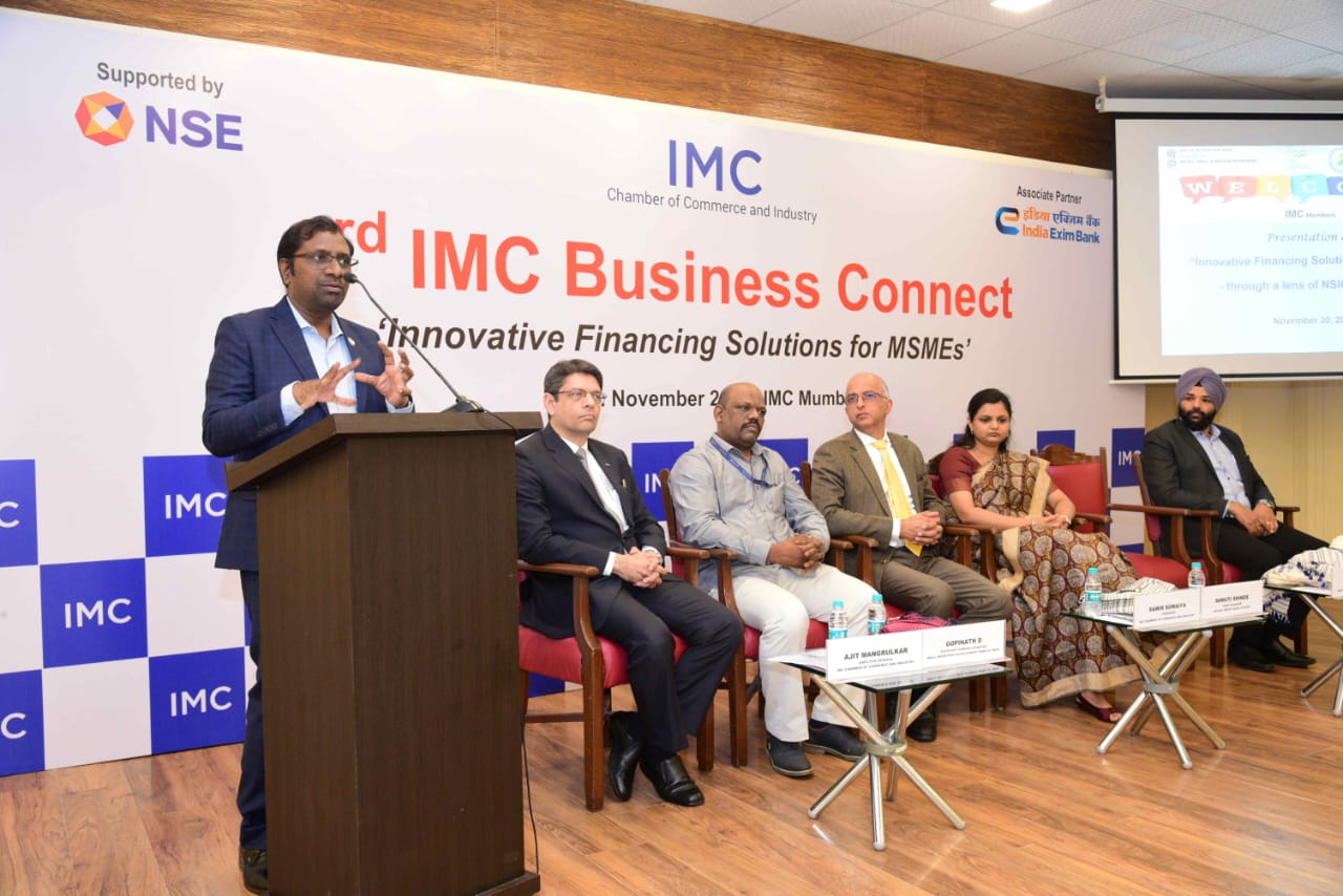 Sh. Kantharao Jinna, SBM, NSIC (Andheri), participated in the seminar on Innovative Financing Solutions for MSMEs organized by the IMC Chamber of Commerce & Industry on November 30, 2023, in Mumbai and highlighted the benefits of NSIC schemes. The program was attended by dignitaries such as Shri S. C. L. Das, Secretary, Ministry of MSME, Ms. Shruti Shinde, Chief Mgr, India Exim Bank, Sh. Gopinath, AGM, SIDBI and Sh. Gagandeep Singh (Sr. Mgr, NSE), who shared insights on advancing financing opportunities for MSMEs. Shri Manoj Kumar Singh, ZGM(West), NSIC was also present on the occasion.