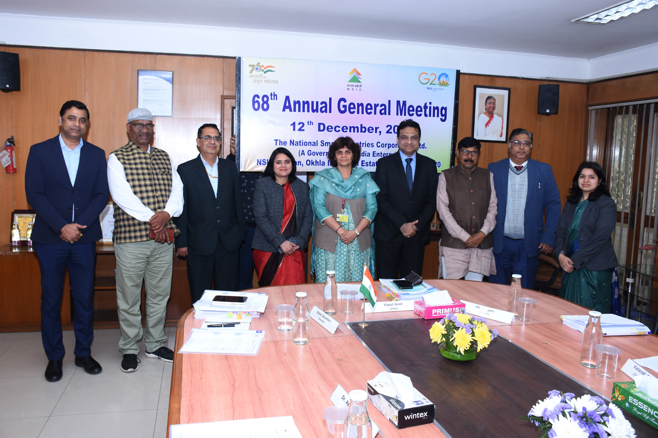Shri Vipul Goel, CMD, NSIC chaired the 68th Annual General Meeting of NSIC held on 12th December, 2023 alongwith Shri Kartikeya Sinha, Director (Planing & Markting), Shri Gaurav Gulati, Director (Finance), Smt. Mercy Epao, Joint Secretary, SME, Shri. H.K. Vadhwa, Deputy Secretary, MoMSME, Smt. Neelam Sharma, Under Secretary, MoMSME, Dr. Ashok Ahirwar & Shri Kalandi Charan Samal Independent Directors on the Board, Smt. Nishtha Goyal, Company Secretary, NSIC wherein the annual accounts for FY 2022–23 were adopted.