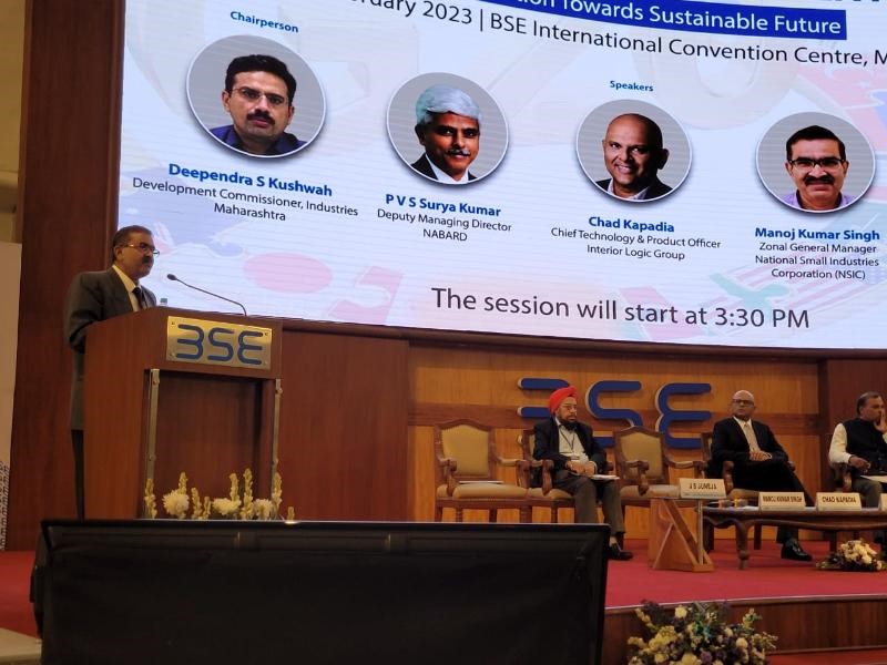 NSIC (Mumbai) participates 12th National MSME Convention organized on 25.02.2023 by AIMA on the theme of  G20- Innovation towards Sustainable Future at BSE International Convention Centre, Fort, Mumbai. On this occasion, Sh. Manoj Kr Singh, ZGM - West gave presentation on NSIC  role in facilitating MSMEs through its integrated schemes 