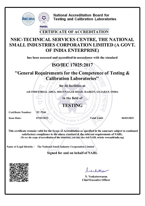 NTSC (Rajkot) received NABL CERTIFICATE for New Solar water pump Testing facilities and it is1st Government Solar Water Pump Testing Laboratory in Gujarat Region wherein fully automatic solar pump testing set up is created with real time data acquisition. Testing facility will be as per MNRE/BIS Standard/NABL Procedure and covers testing range from 1HP to 10HP solar pumps. NTSC (Rajkot) created these facilities based on requirement of MSME units located in Saurastra Region added scope for Plastic Testing Laboratory& Solar Water Pump Testing and material Testing facilities to serve  Manufactures/ MSMEs  for testing and take maximum benefit of this testing facility. Shri U.K. Kohli, Centre Head, NTSC (Rajkot) took this initiative on behalf of The National Small Industries Corporation Ltd.
