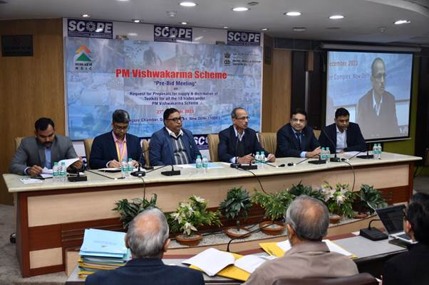 NSIC has uploaded RFPs (Request for Proposals) on behalf of M/o MSME on e-procurement (Central Pubic Procurement Portal), inviting proposals for selection of Vendors for supply & distribution of Toolkits of all 18 trades under PM Vishwakarma Scheme. As per the RFPs, the last date of bid submission is scheduled on 08.01.2024 and the bids are due to open on 09.01.2024.In terms of RFPs floated, NSIC organized a Pre-bid meeting on 27.12.2023 in New Delhi to disseminate the terms & conditions of the RFP and to further address the queries of the prospective bidders. The Pre-bid meeting was attended by Shri S.C.L. Das, Secretary, MSME alongwith officials of PM Vishwakarma Division (MSME), Shri Vipul Goel, CMD, NSIC alongwith Shri Kartikeya Sinha, Director (P&M) and Shri Gaurav Gulati, Director (Finance) and concerned officials. 64 participants from prospective Vendors/Manufacturers/Suppliers of the Toolkits attended the meeting physically & through online mode from across the country with active participation raising wide range of queries during question- answer session. The queries were suitably replied by CMD, NSIC alongwith Director (P&M) and Director (Finance).After the question answer session, the participants were requested to submit their further queries, if any, by 28.12.2023 (5:00 PM) for deliberations of the authorities and further necessary action in the matter.