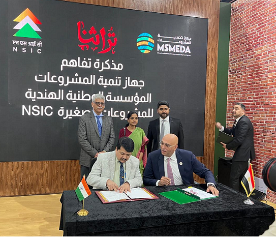 Dr. Subhransu Sekhar Acharya, CMD, NSIC signed and exchanged an MoU with Mr. Bassel Rahmy, CEO of Micro, Small and Medium Enterprises Development Agency (MSMEDA), Egypt during the inauguration ceremony of Turathna Handicraft Exhibition at Cairo, Egypt, which was inaugurated by Mr. Mostafa Kamal Madbouly, Honorable Prime Minister of Egypt  on 12.12.2024. 

This MoU aims at promotion of MSMEs, capacity building of incubators & establish business connects amongst MSMEs of India and Egypt and to improve the commercial and technical cooperation between India and Egypt in the MSME sector.

During the event, Ms. C. Sushma, Charge D Affaires, Embassy of India in Cairo, Egypt, Shri Rav Praveen Singh, Second Secretary (Commerce), Embassy of India and Mr. Sunil Tyagi, SGM, International Cooperation, NSIC were also present.
