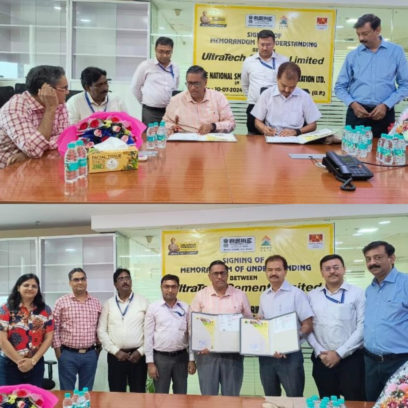 NSIC has signed an MOU with Ultratech Cement Limited on 10th July, 2024 at Lucknow. The MoU has been signed by Shri Sanjay Rautela, Zonal General Manager Delhi, NSIC Limited and Shri Vivek Jain, Joint President Sales and Marketing, Ultratech Cement Limited for distribution of Cement (OPC and PPC), Loose Cement to the MSMEs at subsidized and discounted rates. This initiative is set to enhance the competitiveness and market presence of MSMEs in Uttar Pradesh. On the occasion, Shri J. P. Singh, Dy. General Manager, NSIC Shri Ramendra Rathi, AGM and Ms. Aditi Awasthi, AGM, Ultratech Cement Limited along with other officials were also   present.