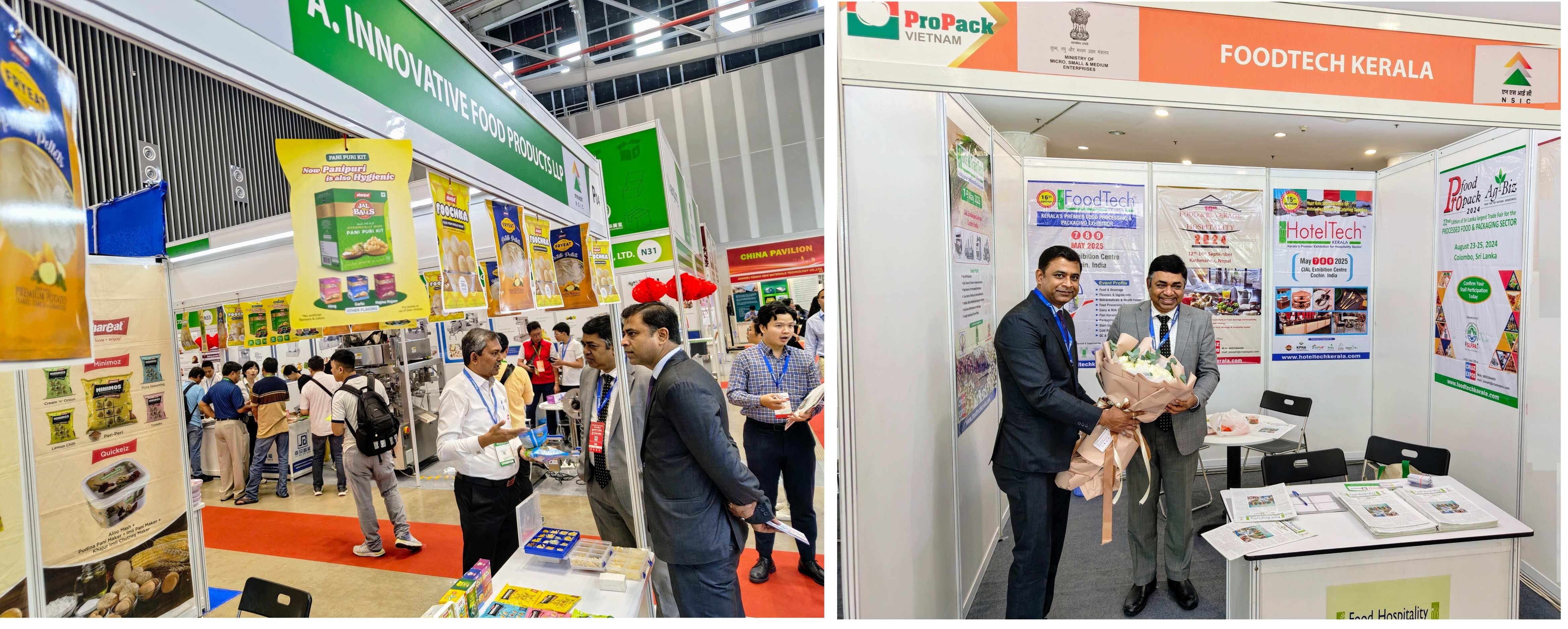 Mr. Kartikeya Sinha, Director (P&M), led an Indian delegation of 10 MSMEs from the food sector for participation in Vietfood & Beverage-Propack 2024, held from 8-10 August 2024, in Ho Chi Minh City, Vietnam. He was accompanied by Mr. Shashank Shekhar, Assistant Manager (International Cooperation), NSIC. The objective was to expose Indian MSMEs in Foof sector to the business opportunities in Vietnam. Dr. Madan Mohan Sethi, Consul General of India, Ho Chi Minh City along with Mr. Kartikeya Sinha, inaugurated the NSIC-MSME India Pavilion at the exhibition. The objective was to expose Indian MSMEs in the food sector to the emerging business opportunities in Vietnam.
