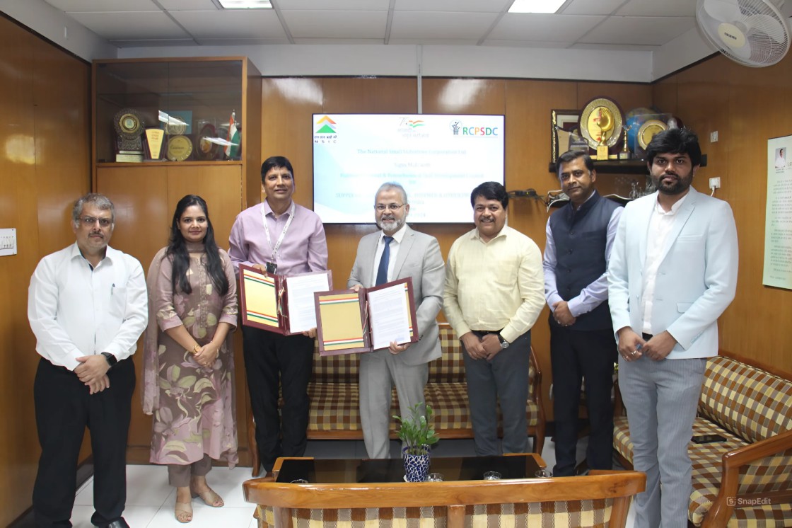 The National Small Industries Corporation (NSIC) has entered into a non-commercial Memorandum of Understanding (MOU) with the Rubber, Chemical & Petrochemical Skill Development Council (RCPSDC) on September 11, 2024. This strategic partnership aims to strengthen the supply chain for MSMEs across India, providing them with a wider range of rubber, chemical and polymer products. The collaboration seeks to expand NSIC supplier network, empowering Micro, Small, and Medium Enterprises (MSMEs) to access quality materials, foster growth, and increase competitiveness in the industry. The MOU is signed by Dr. Avinash Choudhary, General Manager (RMD) from NSIC and Shri Saif Mohammad – CEO from M/s RCPSDC in the august presence of Dr. S.S. Acharya, CMD, NSIC and Sh. Kartikeya Sinha, Director (Planning & Marketing), NSIC Ltd. Also present on the occasion were Sh. Amit Tuteja, Chief Manager- NSIC, Smt. Sonia Rathi, Deputy Manager-NSIC and Sh. Lalit Singh, Sr. Manager, RCPSDC.