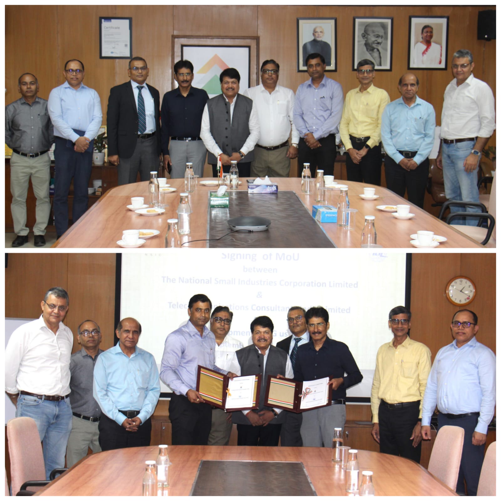 With a View to leverage the potential of 5G technology for skill development and common facility services for MSME units an MoU was signed between the National Small Industries Corporation Limited (NSIC) and Telecommunications Consultants India Limited (TCIL) on 4th September, 2024. The MoU was signed by Sh. Kartikeya Sinha, Director (Planning & Marketing), NSIC and Sh. Arun Kumar Chaubey, Director (Project), TCIL in the presence of Dr. Subhransu Sekhar Acharya, Chairman-cum-Managing Director, NSIC, Sh. Gaurav Gulati, Director (Finance) and Sh. Surajit Mandol Director (Finance), TCIL. This MoU aims to set up 5G facilities (i.e. deployment of 5G equipment/devices/software, services, training, O&M, etc.) and use-cases to support MSME sector in terms of skill development and producing skilled workforce for MSME sector and also facilitate entrepreneurs and start-ups to provide a platform to test their products/innovations under 5G technology based common facility services. The partnership is set to harness the transformative potential of 5G technology to empower youths, MSME units and startups through cutting-edge projects and specialized training programmes to keep pace with rapid technological advancements in the competitive world. The MoU ceremony was also attended by Sh O.P.Singh (GM-Tech), Sh. Subodh Jaiswal (Sr GM-NTSC, Okhla) and Sh. Sanjay Kumar (GM) TCIL.