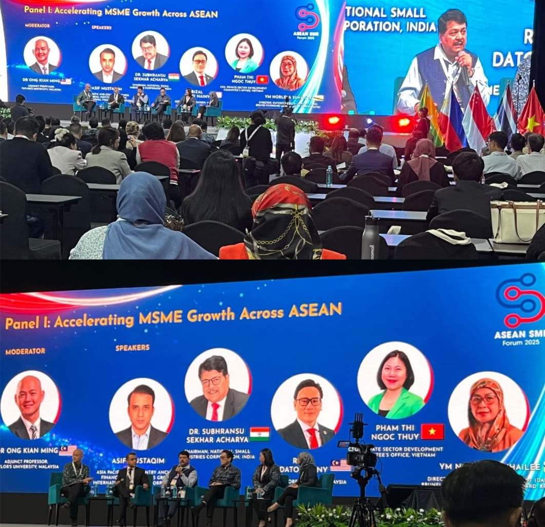 A conclave on “Accelerating MSME Growth Across ASEAN” was held during SME Ventures@ASEAN 2025 in Kuala Lumpur, Malaysia, bringing together senior representatives from ASEAN and international organizations to deliberate on policies and initiatives to enhance MSME competitiveness, innovation, and regional integration.
Dr. S.S Acharya, CMD, NSIC, participated as a distinguished panelist in the discussion, which also included sr. officials from SME Corp. Malaysia, the Enterprise Development Board (DARe), Brunei, the United Nations Economic and Social Commission for Asia and the Pacific (UNESCAP), and the IFC.
During the session, Dr. Acharya shared insights on India’s MSME development framework and highlighted NSIC’s initiatives in promoting entrepreneurship, access to finance, technology upgradation, and global market linkages. He underlined India’s massive digitalization drive that has paved the way for faster and more transparent credit dispensation through end-to-end digitization.