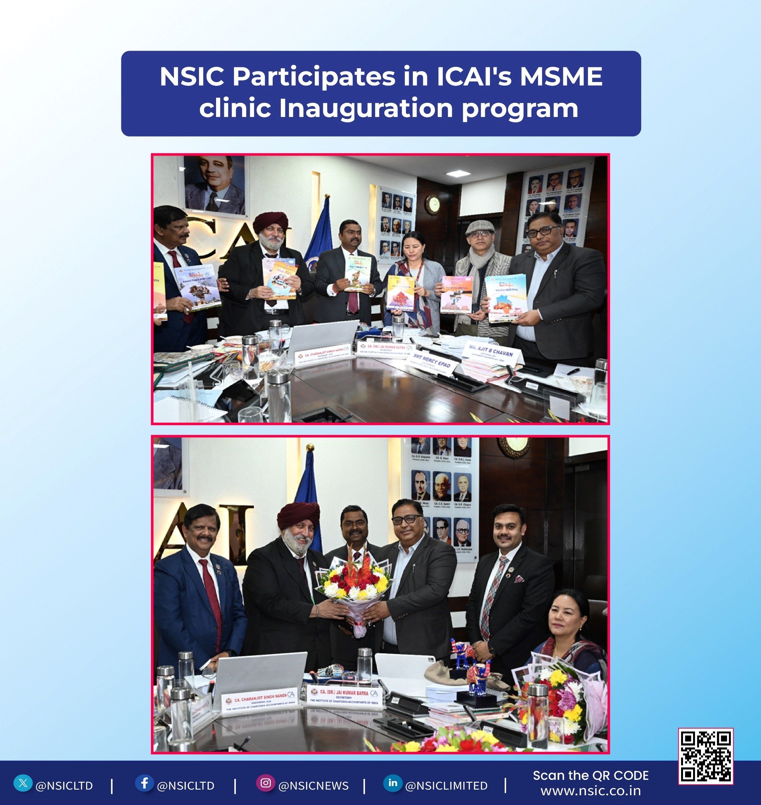 Recognising the critical role of MSMEs in the nation building, The Institute of Chartered Accountants of India (ICAI) has launched 183 MSME Clinics across India offering free advisory services to support the Small and Medium enterprises on matters of credit, finance, technology, government subsidies, marketing and compliances. NSIC being a partner with ICAI will leverage its strengths to empower the MSMEs under the vision of Viksit Bharat. The inaugural ceremony of MSME Clinics was witnessed by Ms. Mercy Epao, JS MSME, Sh. Gaurav Gulati Director Finance, NSIC and Sh Manoj Lal, ED NSIC in the presence of ICAI President CA Charanjot Singh Nanda at ICAI headquarters.