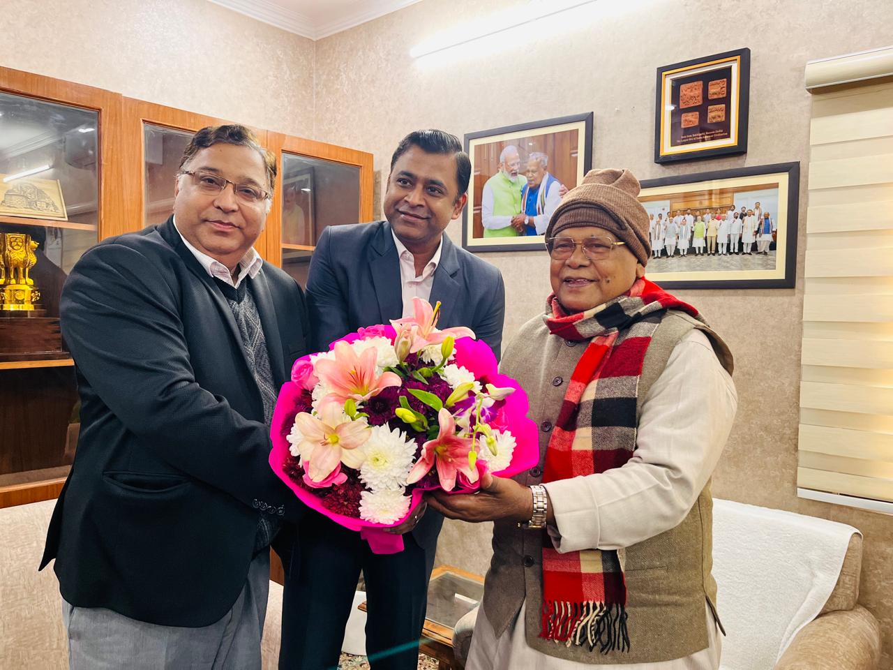 Shri Kartikeya Sinha, Director (P&M), NSIC, and Shri Gaurav Gulati, Director (Finance), NSIC, met with the Hon’ble Minister of Micro, Small and Medium Enterprises (MSME), Shri Jitan Ram Manjhi, to extend their heartfelt New Year 2025 wishes. The meeting, held in New Delhi, marked the beginning of a year dedicated to the growth and empowerment of the MSME sector.

During the interaction, the NSIC Directors engaged in a constructive discussion with the Hon’ble Minister on strategic initiatives to uplift the MSME sector. Recognizing MSMEs as the backbone of the Indian economy, the conversation revolved around key areas such as financial support, technological innovation, market access, and skill development programs to enhance the competitiveness and sustainability of MSMEs. Minister of MSME appreciated NSIC’s efforts in facilitating MSME growth through its various programs and encouraged the team to continue their dedication toward this sector.