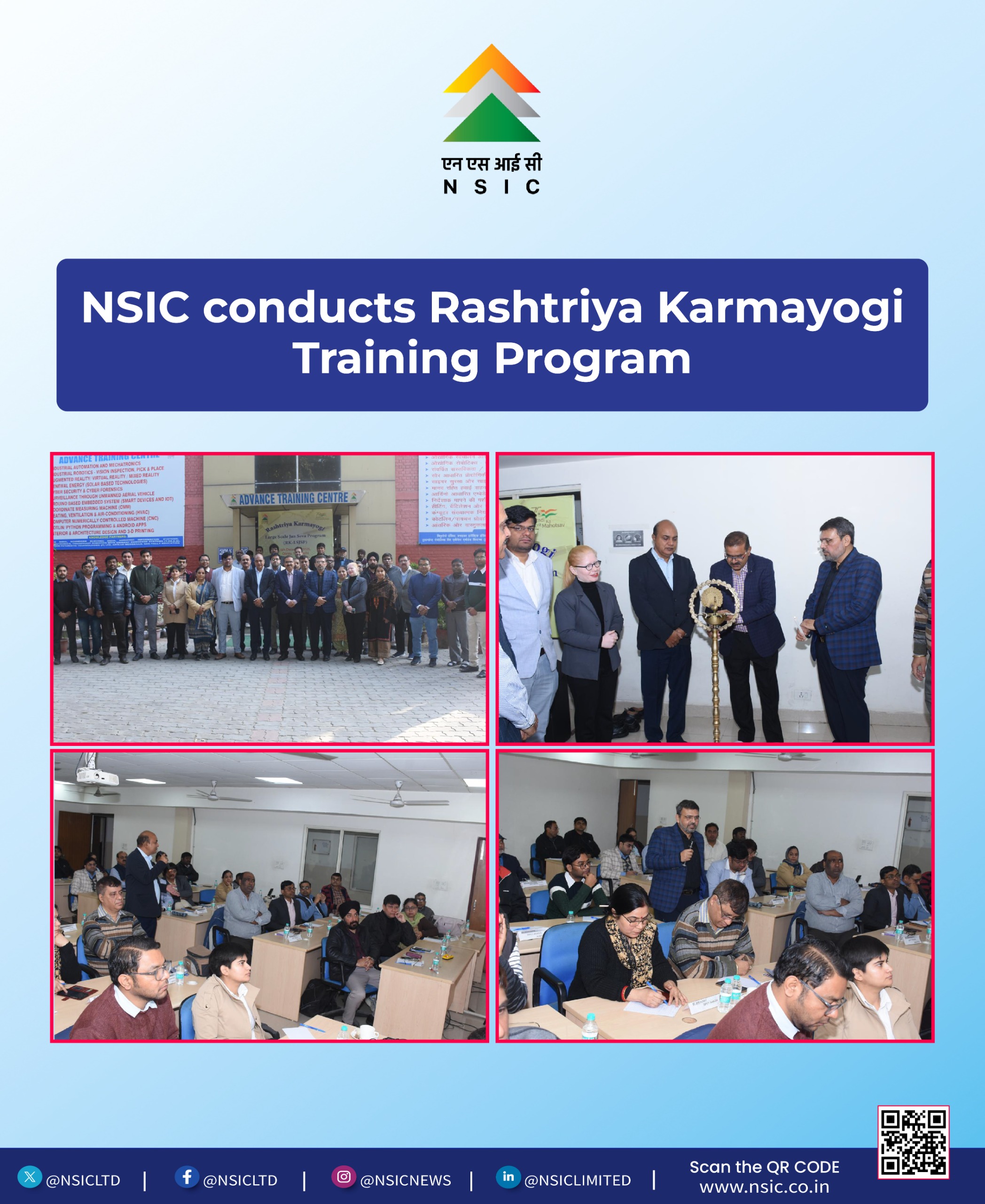 NSIC successfully conducted a full-day Training Program under the Rashtriya Karmayogi – Large Scale Jan Seva Program (RK-LSJSP) on 06 December 2025 at the Advanced Training Centre, Okhla, New Delhi, with active participation from Deputy Managers.
The session commenced with an address by Shri Manoj Kumar Singh, SGM, NSIC, who motivated the participants to internalize Seva Bhaav and move beyond a purely rule-driven approach toward one that is purpose-led, citizen-focused, and oriented toward measurable outcomes.
The program was facilitated by NSIC’s certified Master Trainers, who conducted interactive modules featuring hands-on activities, case-based discussions, and reflective tasks designed to enhance decision-making, problem-solving, and overall service effectiveness.
Through this initiative, NSIC continues to strengthen its dedication to developing a proactive, service-oriented, and high-performing workforce aligned with the objectives of Mission Karmayogi.