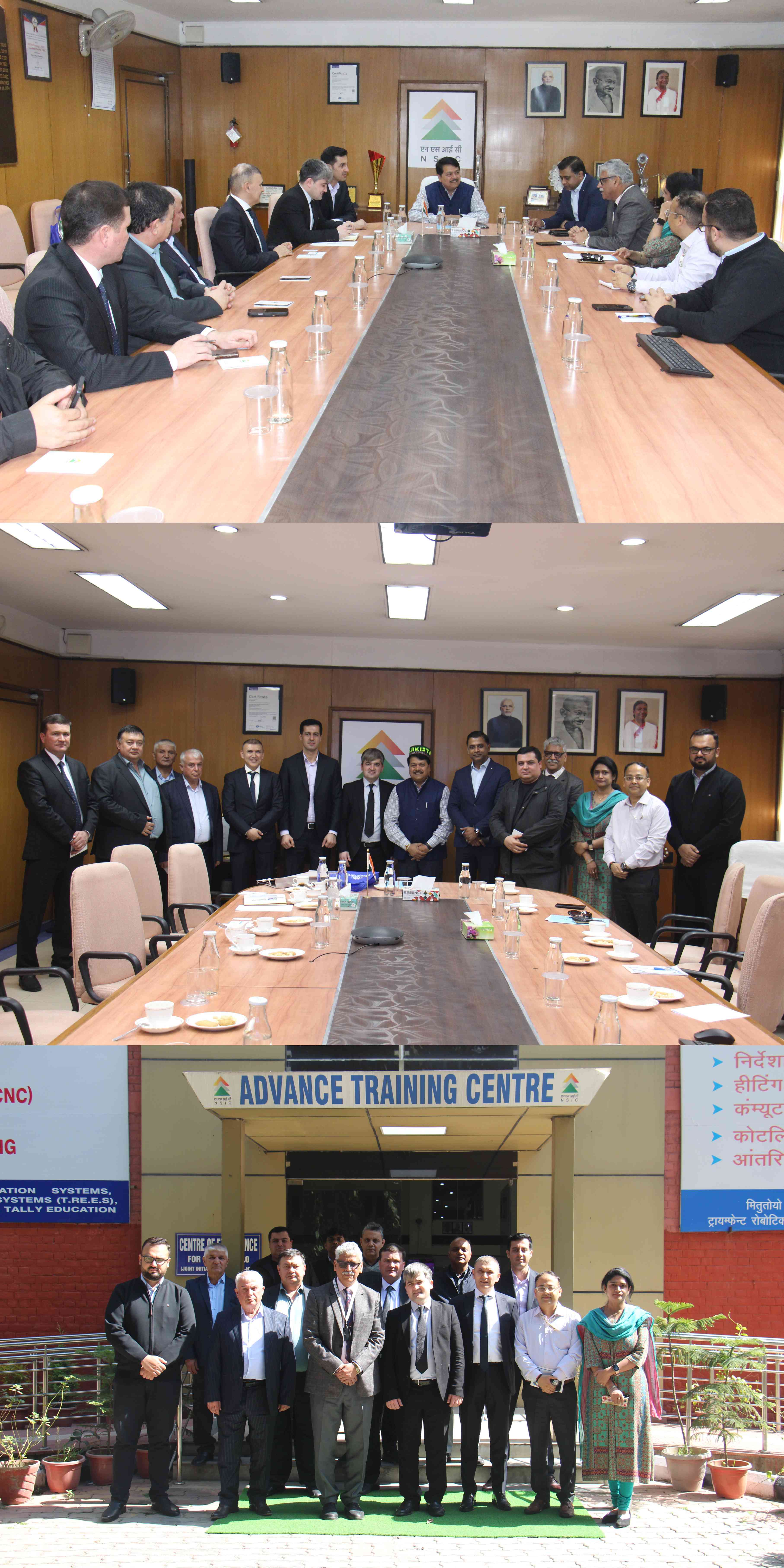 A business delegation from Tajikistan, led by Mr. Akmal Sharipov, Head of the Department of Light Industry and Sericulture, Ministry of Industry and New Technologies (MINT), Tajikistan, called on Dr. Subhransu Sekhar Acharya, Chairman-cum-Managing Director of NSIC on February 14, 2025 to explore potential collaborations in the MSME sector between NSIC and MINT, Tajikistan. The discussions primarily focused on enterprise creation, skill development, incubation, joint ventures, and the exchange of expertise especially in textile industry.
During the meeting, Dr. Acharya provided an overview of NSIC’s various initiatives to promote entrepreneurship and foster the holistic growth of MSMEs in India. Also present in the discussion was Mr. Kartikeya Sinha, Director (Planning & Marketing) along with other officials of NSIC. The delegates also visited NSIC’s Livelihood Incubation Centre and Advanced Training Centre at the NSIC Technical Service Center in Okhla.