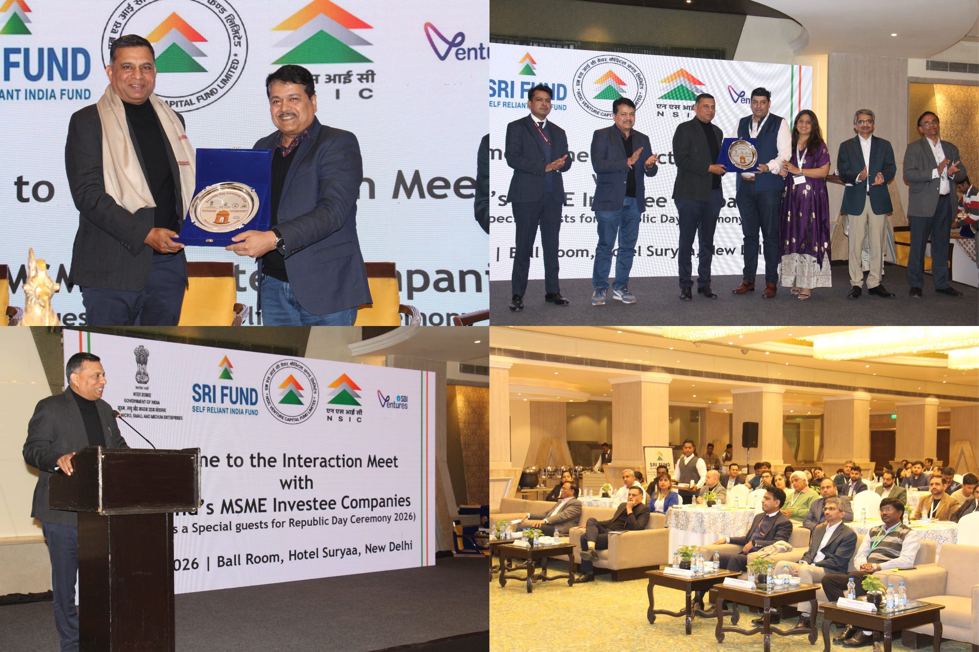 Government of India had decided to invite 50 selected investee companies, amongst others, assisted under SELF Reliant India (SRI) Fund for participating in the 77th Republic day celebrations as special guests. As a part of the same, an interactive meet was organised in the presence of Dr. Rajneesh, Additional Secretary & Development Commissioner, MSME, Dr. S S Acharya, Chairman, NSIC Ventures, Shri Praveen Kumar, ADC besides other senior officials from Ministry, Fund Manager, NVCFL, NSIC etc with the investee companies from all across the country.
 
The interactions with Special Guests and their presentations highlighted the growth achieved with support from SRI Fund. Dr. Rajneesh, Additional Secretary & Development Commissioner, MSME in his address reiterated Government of India’s continued commitment to support and empower the MSME sector.